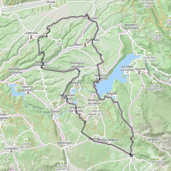 Miniatua del mapa de inspiración ciclista "Tour de Aups - Sainte-Croix-du-Verdon" en Provence-Alpes-Côte d’Azur, France. Generado por Tarmacs.app planificador de rutas ciclistas