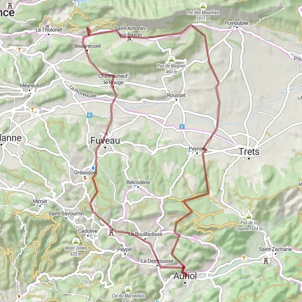 Kartminiatyr av "Gruskjøring fra Auriol til La Destrousse" sykkelinspirasjon i Provence-Alpes-Côte d’Azur, France. Generert av Tarmacs.app sykkelrutoplanlegger