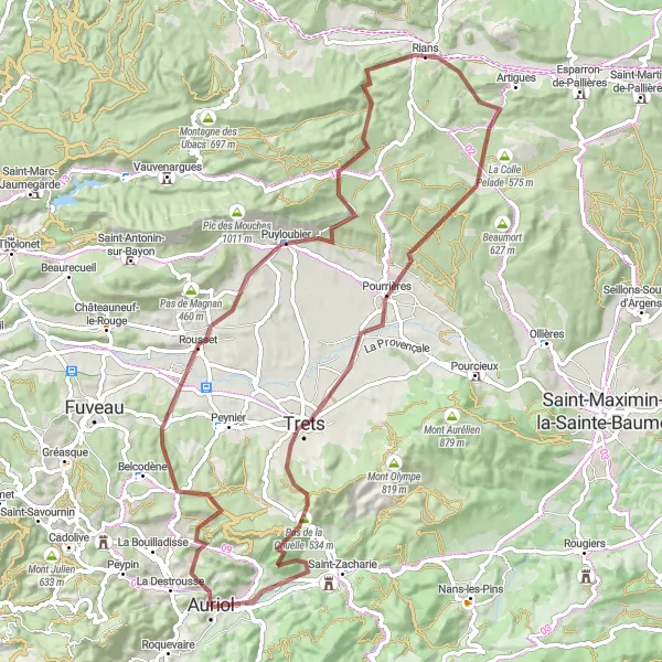 Miniatua del mapa de inspiración ciclista "Aventura en las colinas de Puyloubier y Auriol" en Provence-Alpes-Côte d’Azur, France. Generado por Tarmacs.app planificador de rutas ciclistas