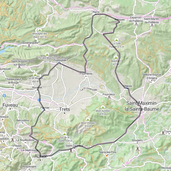 Mapa miniatúra "Okruhová cesta cez Saint-Maximin-la-Sainte-Baume" cyklistická inšpirácia v Provence-Alpes-Côte d’Azur, France. Vygenerované cyklistickým plánovačom trás Tarmacs.app