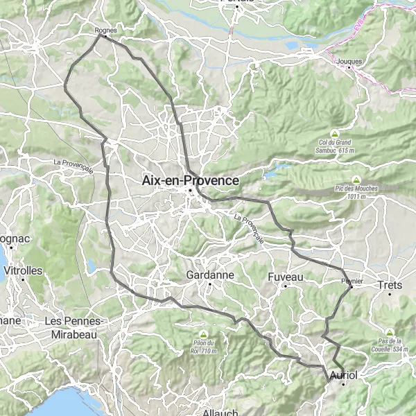Kartminiatyr av "Historisk Landevei Rundtur fra Auriol" sykkelinspirasjon i Provence-Alpes-Côte d’Azur, France. Generert av Tarmacs.app sykkelrutoplanlegger