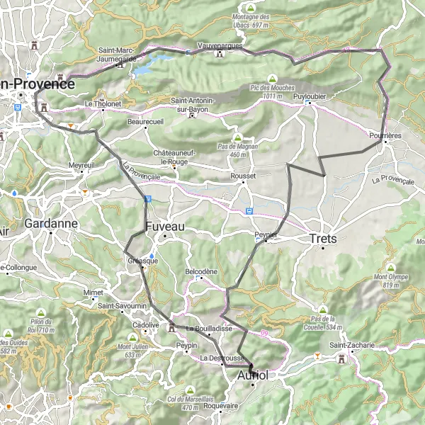 Kartminiatyr av "Landevei tur til Auriol via La citadelle" sykkelinspirasjon i Provence-Alpes-Côte d’Azur, France. Generert av Tarmacs.app sykkelrutoplanlegger