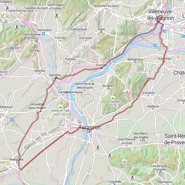 Miniaturní mapa "Gravelová stezka okolo Avignonu" inspirace pro cyklisty v oblasti Provence-Alpes-Côte d’Azur, France. Vytvořeno pomocí plánovače tras Tarmacs.app