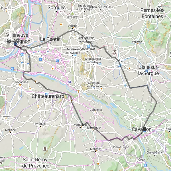 Mapa miniatúra "Road cyklistická trasa v okolí Avignonu" cyklistická inšpirácia v Provence-Alpes-Côte d’Azur, France. Vygenerované cyklistickým plánovačom trás Tarmacs.app