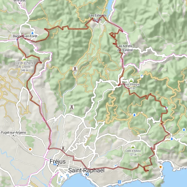 Map miniature of "The Enchanting Hills of Saint-Raphaël" cycling inspiration in Provence-Alpes-Côte d’Azur, France. Generated by Tarmacs.app cycling route planner