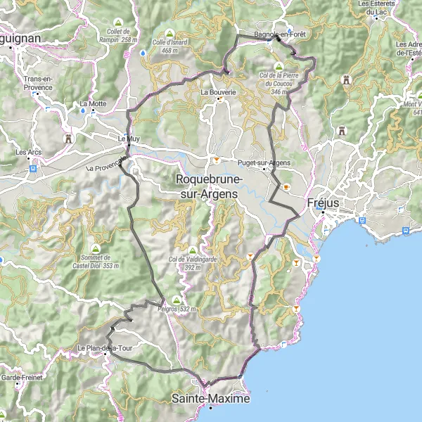 Miniaturní mapa "Vyhlídky kolem Bagnols-en-Forêt" inspirace pro cyklisty v oblasti Provence-Alpes-Côte d’Azur, France. Vytvořeno pomocí plánovače tras Tarmacs.app