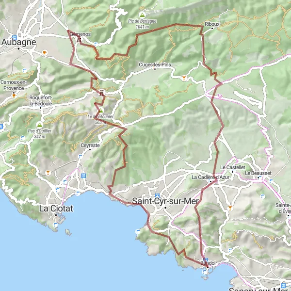 Mapa miniatúra "Cyklotúra na štrkových cestách Bandol - Le Moulin à vent - Collet Redon - Le Montounier - Château des Julhans - Gémenos - Mont Cruvelier - Riboux - Pointe de Cuques - Colle de Reyne - Bandol" cyklistická inšpirácia v Provence-Alpes-Côte d’Azur, France. Vygenerované cyklistickým plánovačom trás Tarmacs.app