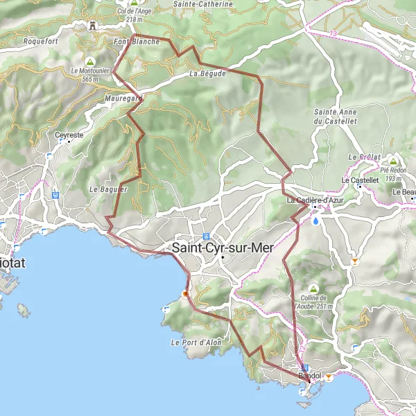 Kartminiatyr av "Kustnära grusvägar till Bandol" cykelinspiration i Provence-Alpes-Côte d’Azur, France. Genererad av Tarmacs.app cykelruttplanerare