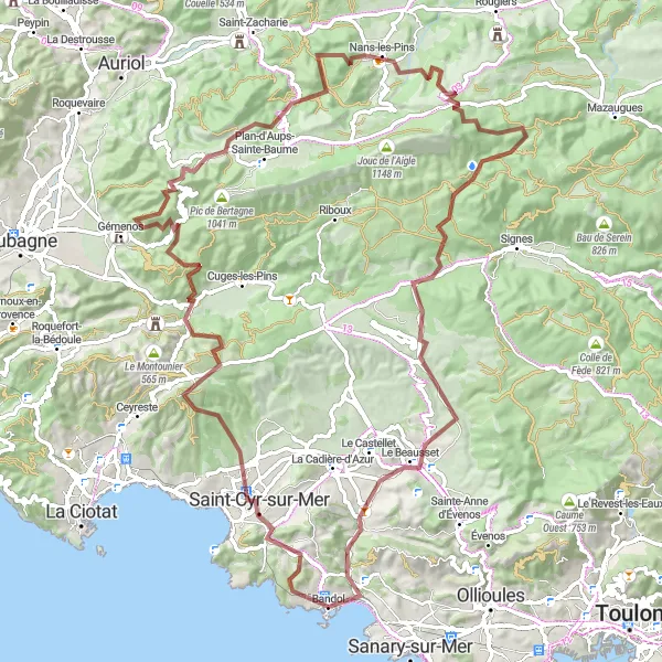 Miniaturekort af cykelinspirationen "Gruscykelrute med udsigter nær Bandol" i Provence-Alpes-Côte d’Azur, France. Genereret af Tarmacs.app cykelruteplanlægger