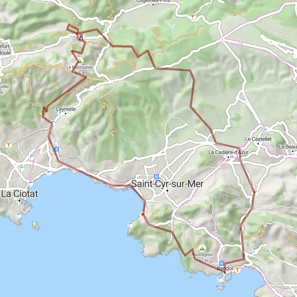Miniature de la carte de l'inspiration cycliste "Les Collines de Bandol" dans la Provence-Alpes-Côte d’Azur, France. Générée par le planificateur d'itinéraire cycliste Tarmacs.app