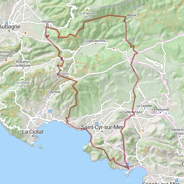 Miniaturní mapa "Gravelová cyklostezka Bandol - Le Moulin à vent" inspirace pro cyklisty v oblasti Provence-Alpes-Côte d’Azur, France. Vytvořeno pomocí plánovače tras Tarmacs.app
