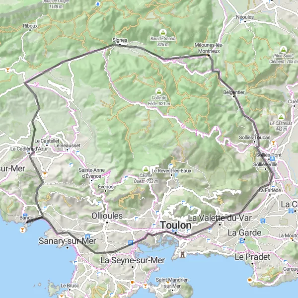 Mapa miniatúra "Pôvabný cestný okruh cez Bandol a okolie" cyklistická inšpirácia v Provence-Alpes-Côte d’Azur, France. Vygenerované cyklistickým plánovačom trás Tarmacs.app