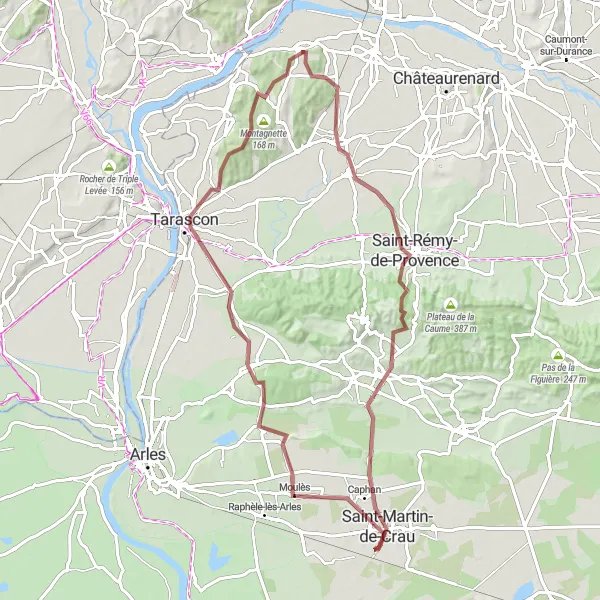 Miniaturní mapa "Gravel Barbentane - Graveson - Saint-Martin-de-Crau Loop" inspirace pro cyklisty v oblasti Provence-Alpes-Côte d’Azur, France. Vytvořeno pomocí plánovače tras Tarmacs.app