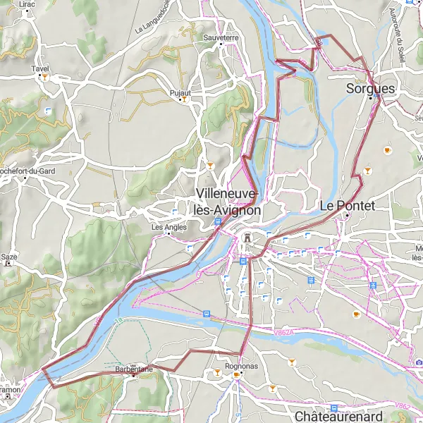 Kartminiatyr av "Grusväg till Villeneuve-lès-Avignon" cykelinspiration i Provence-Alpes-Côte d’Azur, France. Genererad av Tarmacs.app cykelruttplanerare