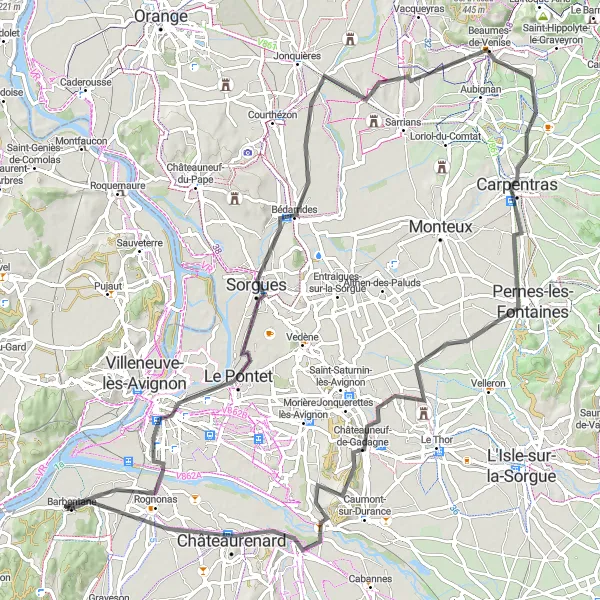 Kartminiatyr av "Barbentane til Châteauneuf-de-Gadagne" sykkelinspirasjon i Provence-Alpes-Côte d’Azur, France. Generert av Tarmacs.app sykkelrutoplanlegger