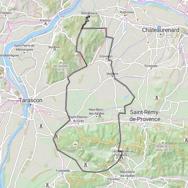 Miniaturní mapa "Road Barbentane - Maillane - Château d'Estoublon Loop" inspirace pro cyklisty v oblasti Provence-Alpes-Côte d’Azur, France. Vytvořeno pomocí plánovače tras Tarmacs.app