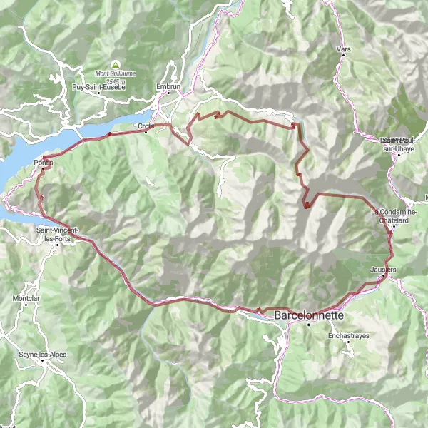 Miniature de la carte de l'inspiration cycliste "Tour du Parc Naturel Régional du Queyras en Gravel" dans la Provence-Alpes-Côte d’Azur, France. Générée par le planificateur d'itinéraire cycliste Tarmacs.app
