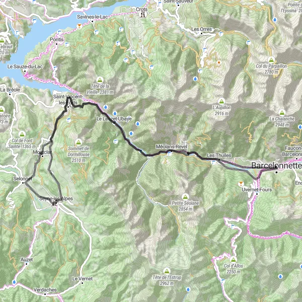 Mapa miniatúra "Cesta pro silniční cyklisty" cyklistická inšpirácia v Provence-Alpes-Côte d’Azur, France. Vygenerované cyklistickým plánovačom trás Tarmacs.app