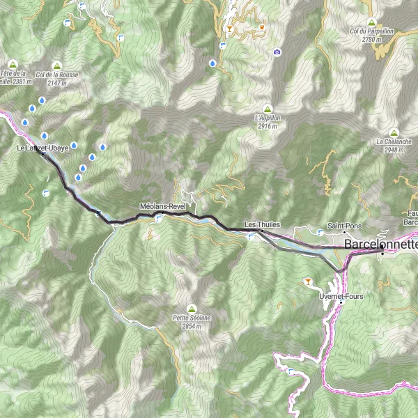 Mapa miniatúra "Route 23101 - Okruh k La Midasse" cyklistická inšpirácia v Provence-Alpes-Côte d’Azur, France. Vygenerované cyklistickým plánovačom trás Tarmacs.app