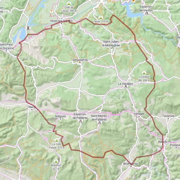 Miniaturní mapa "Výlet na kole z Barjols" inspirace pro cyklisty v oblasti Provence-Alpes-Côte d’Azur, France. Vytvořeno pomocí plánovače tras Tarmacs.app