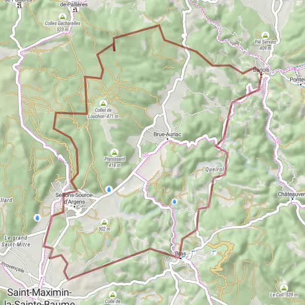 Miniatua del mapa de inspiración ciclista "Ruta de Grava a Seillons-Source-d'Argens" en Provence-Alpes-Côte d’Azur, France. Generado por Tarmacs.app planificador de rutas ciclistas
