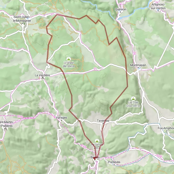 Miniature de la carte de l'inspiration cycliste "Les Collines de Provence Gravel Loop" dans la Provence-Alpes-Côte d’Azur, France. Générée par le planificateur d'itinéraire cycliste Tarmacs.app