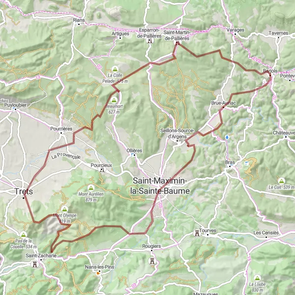 Zemljevid v pomanjšavi "Pustolovščina skozi Saint-Maximin-la-Sainte-Baume" kolesarske inspiracije v Provence-Alpes-Côte d’Azur, France. Generirano z načrtovalcem kolesarskih poti Tarmacs.app