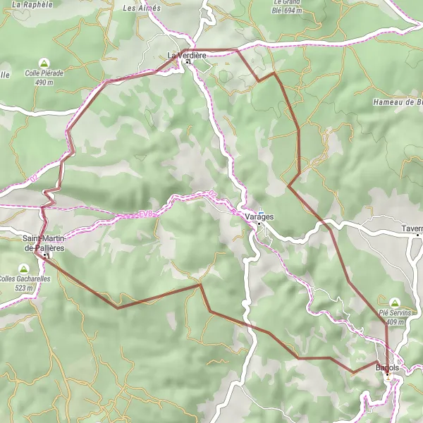 Miniatua del mapa de inspiración ciclista "Aventura en bicicleta de grava en Pallières" en Provence-Alpes-Côte d’Azur, France. Generado por Tarmacs.app planificador de rutas ciclistas