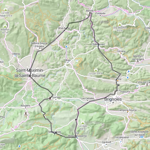 Kartminiatyr av "Rundtur fra Barjols gjennom Le Val og Saint-Maximin-la-Sainte-Baume" sykkelinspirasjon i Provence-Alpes-Côte d’Azur, France. Generert av Tarmacs.app sykkelrutoplanlegger