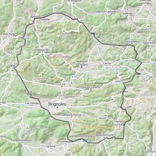 Map miniature of "The Cotignac Loop" cycling inspiration in Provence-Alpes-Côte d’Azur, France. Generated by Tarmacs.app cycling route planner