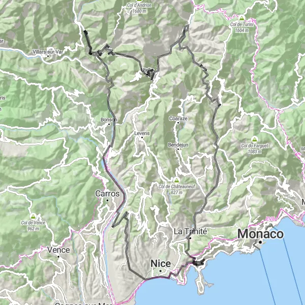 Kartminiatyr av "Alpvägar och kuststäder" cykelinspiration i Provence-Alpes-Côte d’Azur, France. Genererad av Tarmacs.app cykelruttplanerare