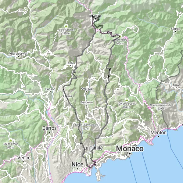 Kartminiatyr av "Alpvägarna runt Nice" cykelinspiration i Provence-Alpes-Côte d’Azur, France. Genererad av Tarmacs.app cykelruttplanerare