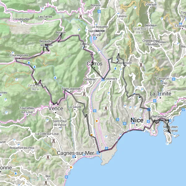 Zemljevid v pomanjšavi "Pustolovščina preko Col de Vence do Beaulieu-sur-Mer" kolesarske inspiracije v Provence-Alpes-Côte d’Azur, France. Generirano z načrtovalcem kolesarskih poti Tarmacs.app