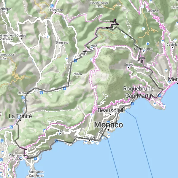 Karttaminiaatyyri "Suuri pyöräilyhaaste Beaulieu-sur-Meristä" pyöräilyinspiraatiosta alueella Provence-Alpes-Côte d’Azur, France. Luotu Tarmacs.app pyöräilyreittisuunnittelijalla