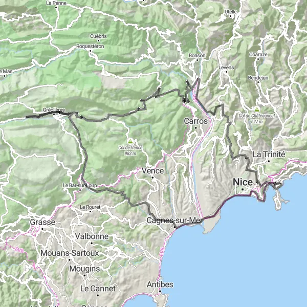 Miniaturní mapa "Okruh Villefranche-sur-Mer - Bouyon" inspirace pro cyklisty v oblasti Provence-Alpes-Côte d’Azur, France. Vytvořeno pomocí plánovače tras Tarmacs.app