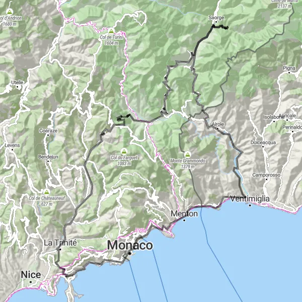 Zemljevid v pomanjšavi "Pustolovska kolesarska tura do Monaka" kolesarske inspiracije v Provence-Alpes-Côte d’Azur, France. Generirano z načrtovalcem kolesarskih poti Tarmacs.app