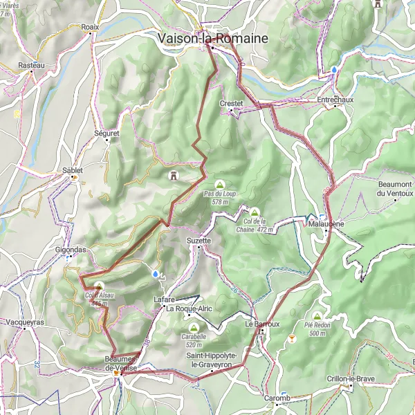 Map miniature of "Beaumes-de-Venise to Crestet and back" cycling inspiration in Provence-Alpes-Côte d’Azur, France. Generated by Tarmacs.app cycling route planner