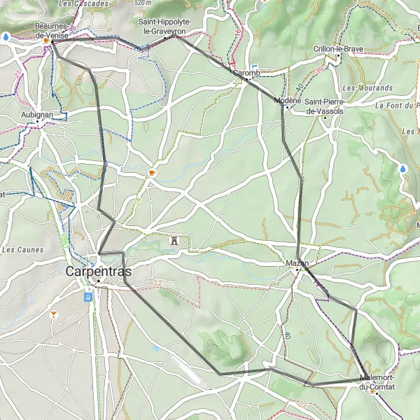 Miniature de la carte de l'inspiration cycliste "Balade à travers les vignobles" dans la Provence-Alpes-Côte d’Azur, France. Générée par le planificateur d'itinéraire cycliste Tarmacs.app