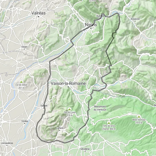 Kartminiatyr av "Gigondas Vinprovning och Col du Pontias Utsikt" cykelinspiration i Provence-Alpes-Côte d’Azur, France. Genererad av Tarmacs.app cykelruttplanerare