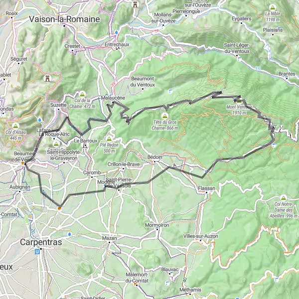 Miniatua del mapa de inspiración ciclista "Ascenso épico a Mont Ventoux" en Provence-Alpes-Côte d’Azur, France. Generado por Tarmacs.app planificador de rutas ciclistas