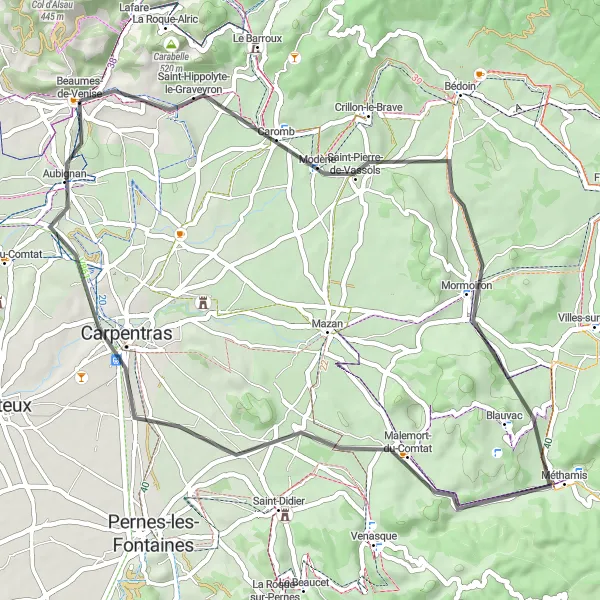Kartminiatyr av "Scenisk vägcykling runt Beaumes-de-Venise" cykelinspiration i Provence-Alpes-Côte d’Azur, France. Genererad av Tarmacs.app cykelruttplanerare