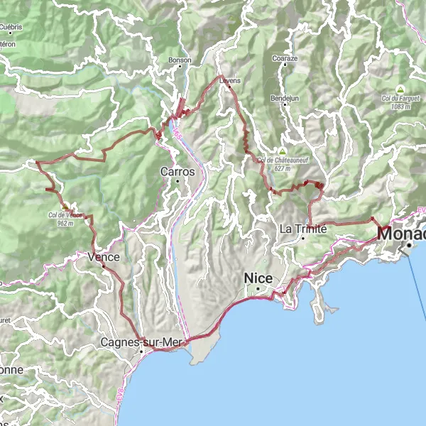 Mapa miniatúra "Gravel trasa cez Col d'Èze a Baou des Blancs" cyklistická inšpirácia v Provence-Alpes-Côte d’Azur, France. Vygenerované cyklistickým plánovačom trás Tarmacs.app