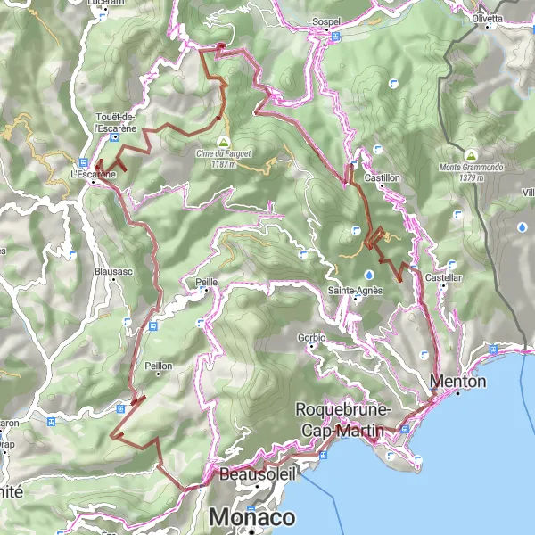 Mapa miniatúra "Gravelová dobrodružná výprava po vrcholoch Azúrového pobrežia" cyklistická inšpirácia v Provence-Alpes-Côte d’Azur, France. Vygenerované cyklistickým plánovačom trás Tarmacs.app