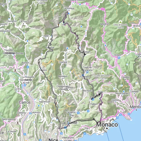 Zemljevid v pomanjšavi "Vozite po slikoviti pokrajini Alp na Azurni obali" kolesarske inspiracije v Provence-Alpes-Côte d’Azur, France. Generirano z načrtovalcem kolesarskih poti Tarmacs.app