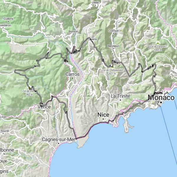 Miniature de la carte de l'inspiration cycliste "Les Collines de l'Arrière-Pays Niçois" dans la Provence-Alpes-Côte d’Azur, France. Générée par le planificateur d'itinéraire cycliste Tarmacs.app