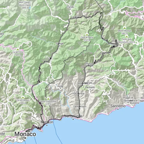 Mapa miniatúra "Okruhová cyklistická trasa cez La Rousse a Monte Saccarello" cyklistická inšpirácia v Provence-Alpes-Côte d’Azur, France. Vygenerované cyklistickým plánovačom trás Tarmacs.app