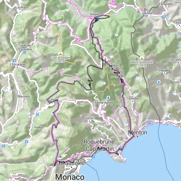 Zemljevid v pomanjšavi "Vzpon na Mont de la Bataille" kolesarske inspiracije v Provence-Alpes-Côte d’Azur, France. Generirano z načrtovalcem kolesarskih poti Tarmacs.app