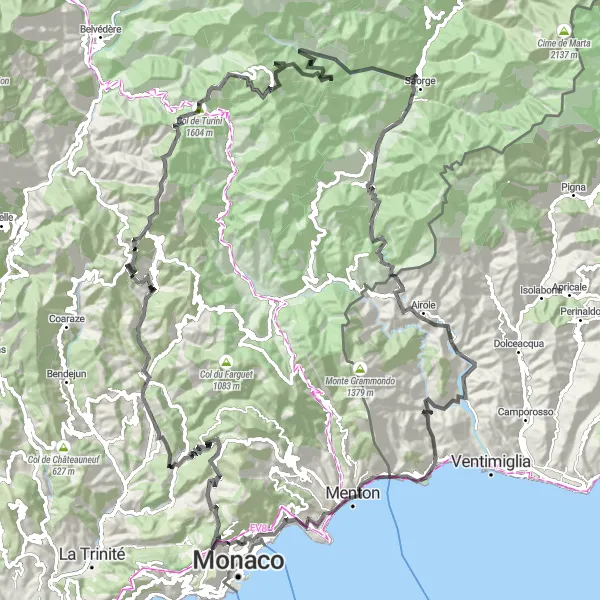 Mapa miniatúra "Cyklistická trasa do Peille a Lucéram" cyklistická inšpirácia v Provence-Alpes-Côte d’Azur, France. Vygenerované cyklistickým plánovačom trás Tarmacs.app