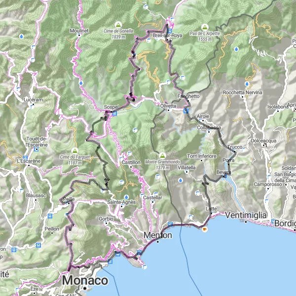 Zemljevid v pomanjšavi "Pot Mont de la Bataille" kolesarske inspiracije v Provence-Alpes-Côte d’Azur, France. Generirano z načrtovalcem kolesarskih poti Tarmacs.app