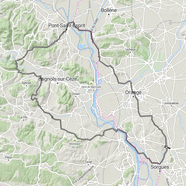 Miniaturní mapa "Cyklistická trasa k Château de Saint-Hubert" inspirace pro cyklisty v oblasti Provence-Alpes-Côte d’Azur, France. Vytvořeno pomocí plánovače tras Tarmacs.app